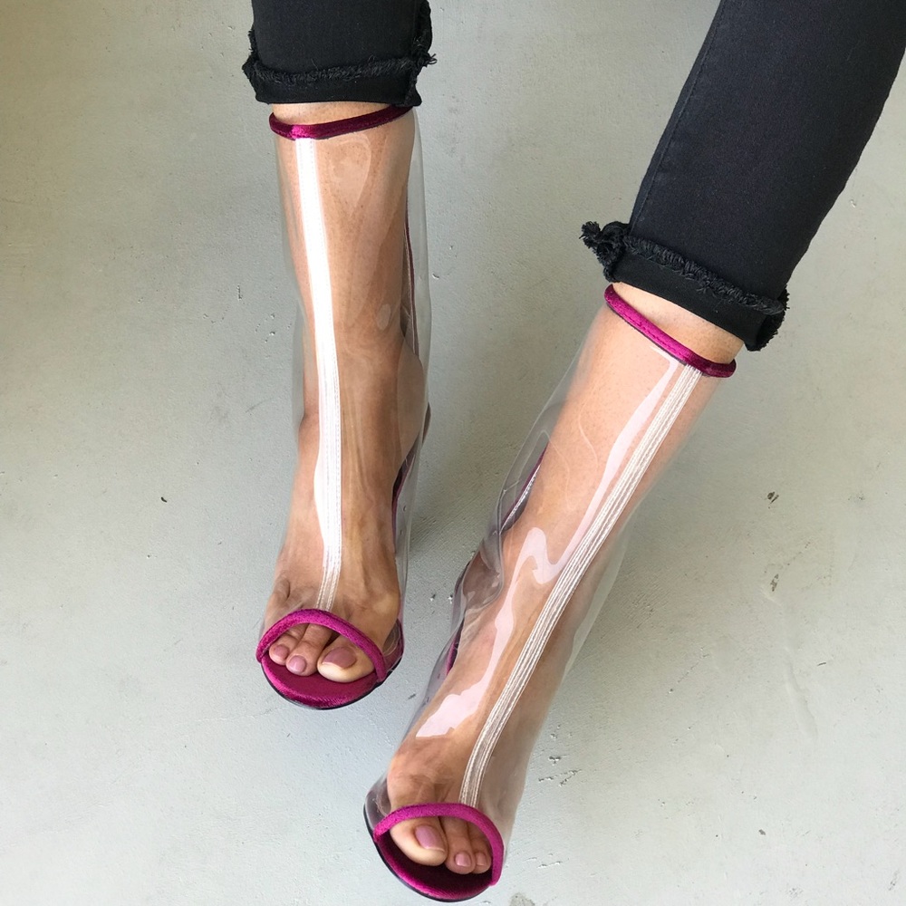 NIB Burgundy Red Clear Peep Toe Boots - Picture 6 of 8